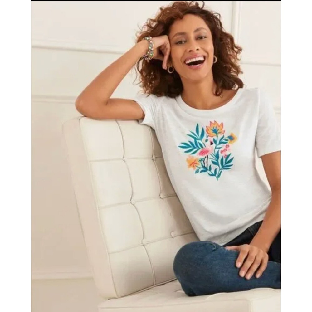 Talbots Womens Flamingo Embroidered Crewneck T-Shirt‎ Size L Vacation Resort